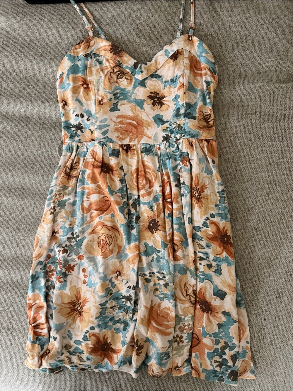 Floral Spaghetti-Strap Mini Dress in Cream and Teal